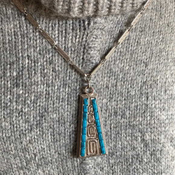 Vintage Signed Whiting Davis Turquoise on Silver Geometric Designed - Picture 9 of 9